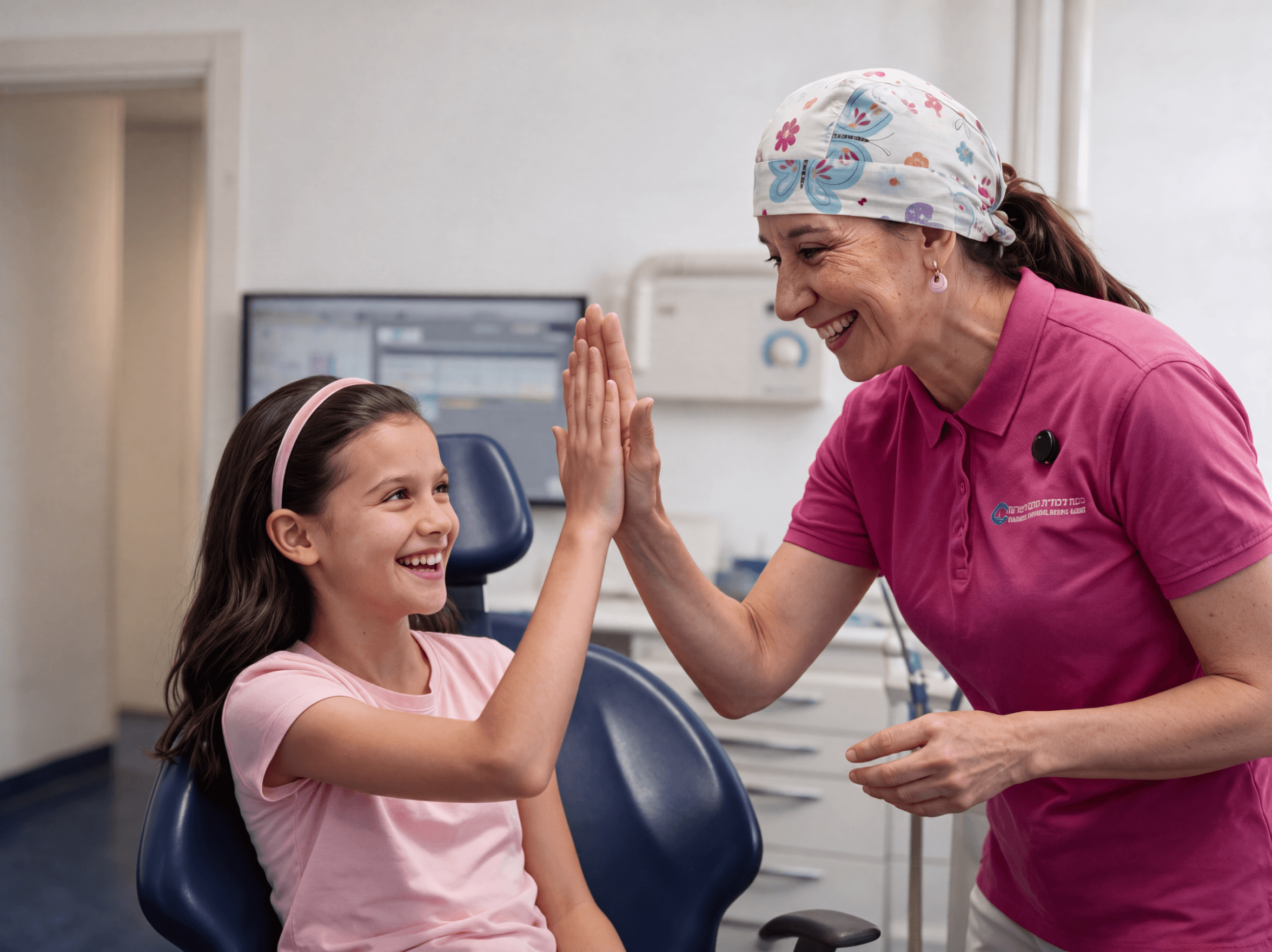 Bambina e dottoressa si danno il cinque durante una visita ortodontica allo Studio Comin Chiaramonti